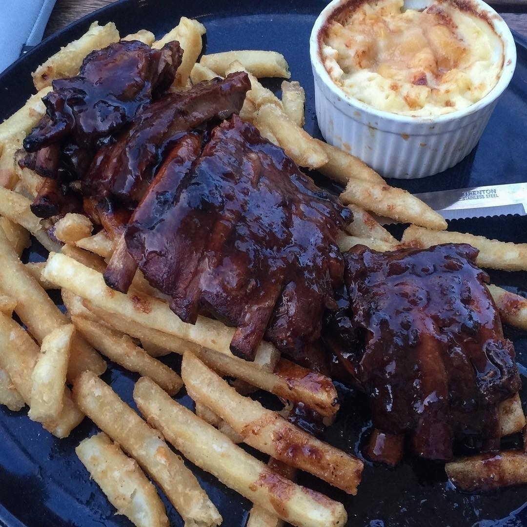 Pork Ribs, Fries, and Cheesy Cauliflower Bake